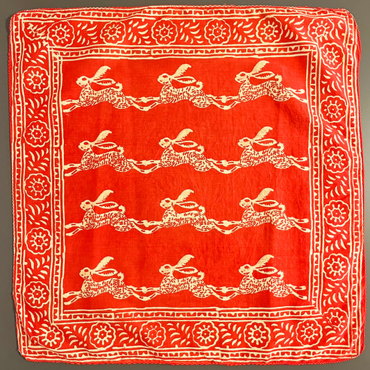 ジャイプールのブロックプリントハンカチ ウサギ（赤）